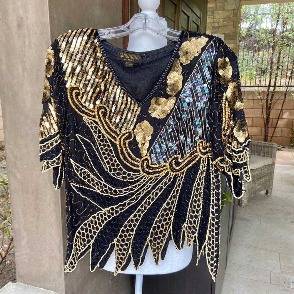 Vintage Gold and Black Sequin Blouse